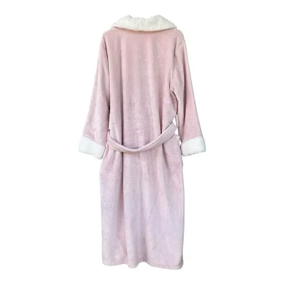 NWT Charter Club Women's Long Plush Fleece Pink Robe White Trim Soft Belt - Picture 2 of 4